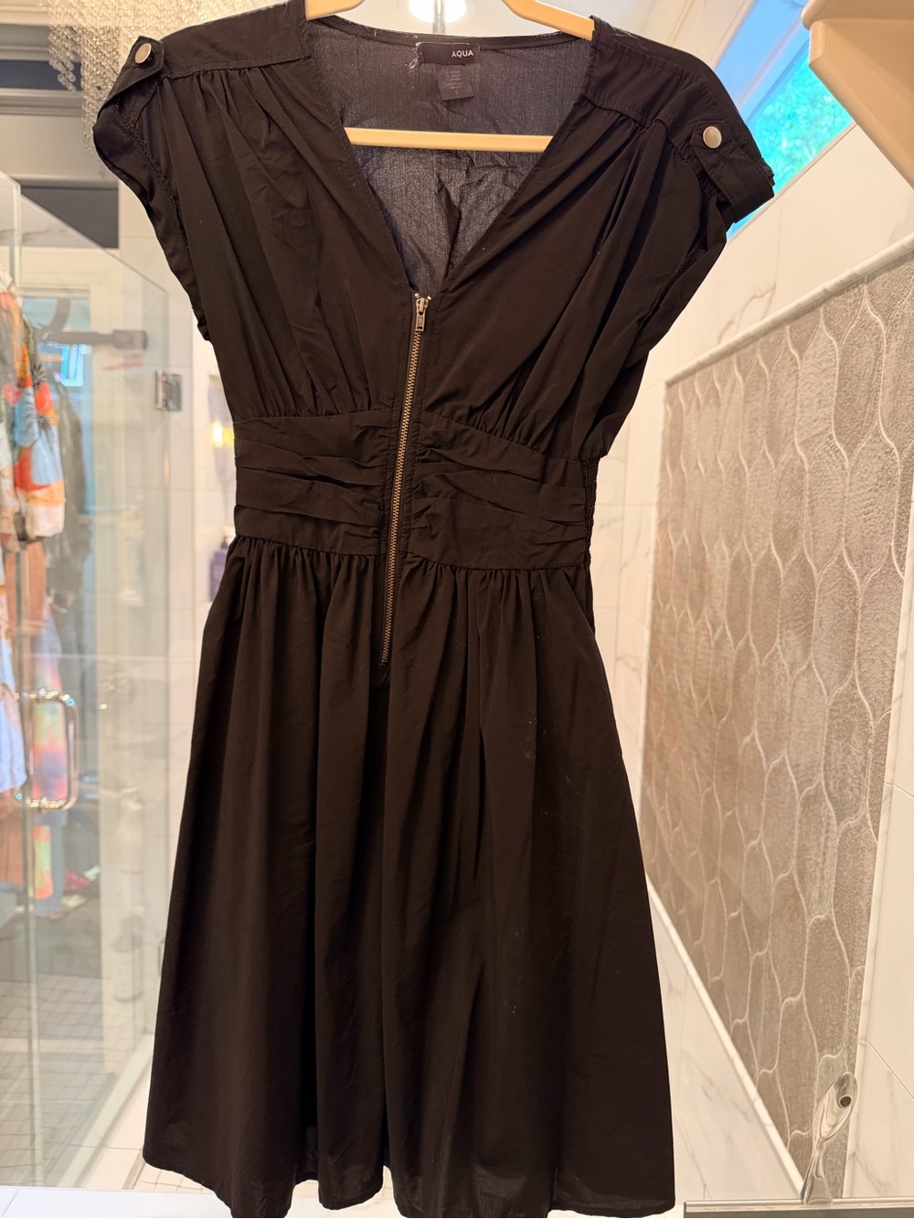 Aqua Black Cap-Sleeve Fit-and-Flare Midi Dress with Front Zip